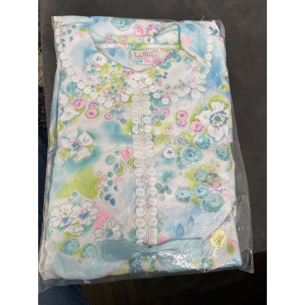 Vintage Lady Weldon Long Nightgown Large Blue Pink Embroidered Long Sleeve NIP